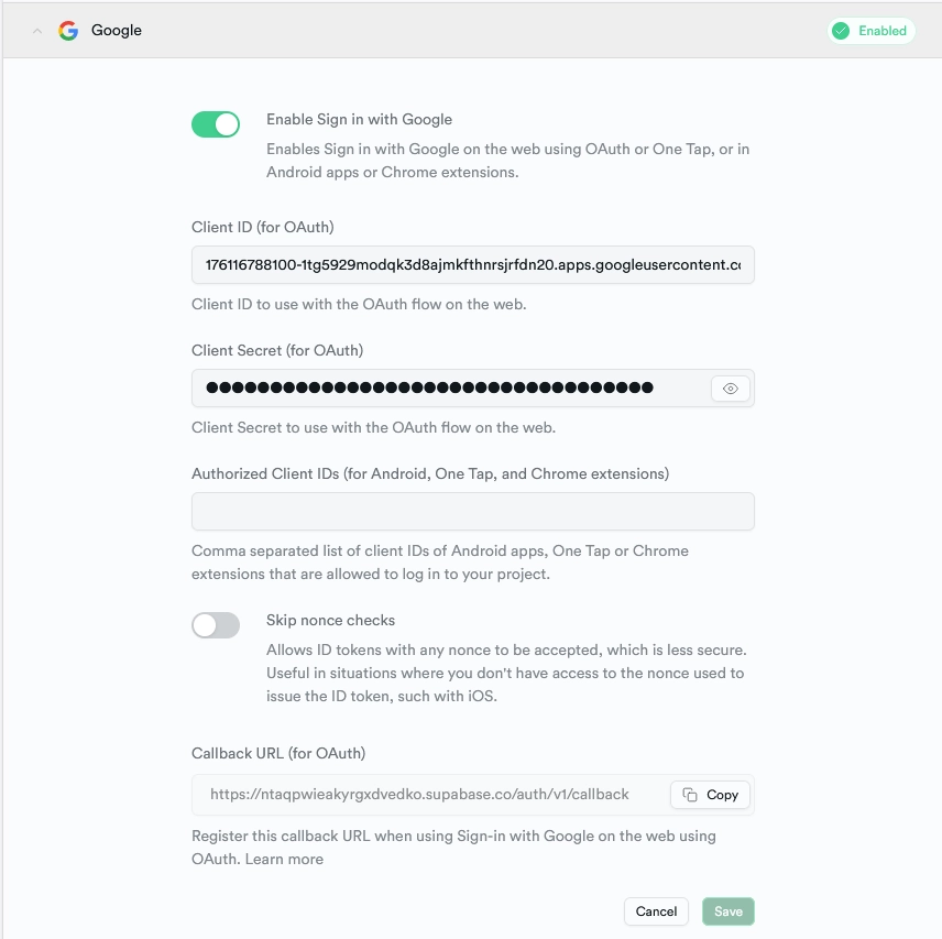 enter the client id and secret provided by Google Cloud Console