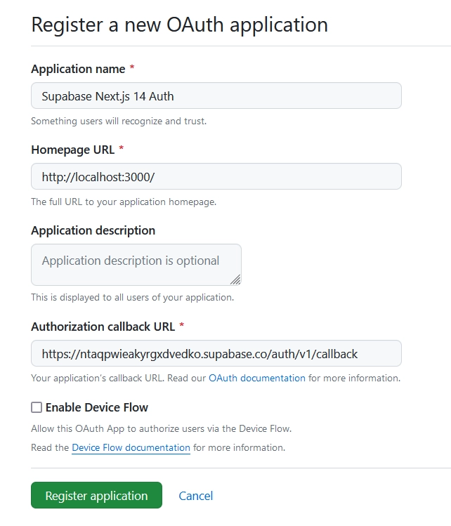 setting up the oath credentials on GitHub for the Supabase auth