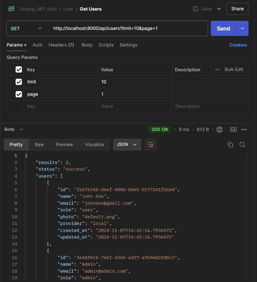 admin retrieving all users json web token golang