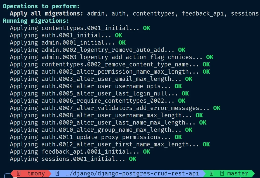 applying the django migrations to the postgresql database