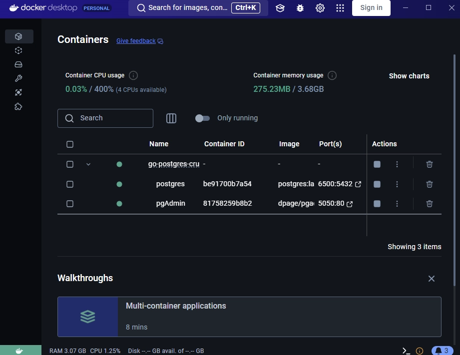 both the pgAdmin and PostgreSQL servers running in Docker Containers