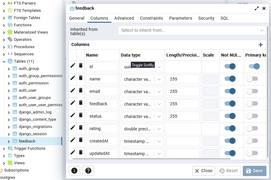 feedback table create by django admin in the postgres database