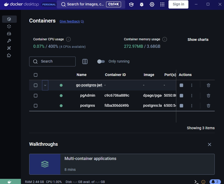 postgres and pgadmin servers running in docker fo the jwt auth in golang