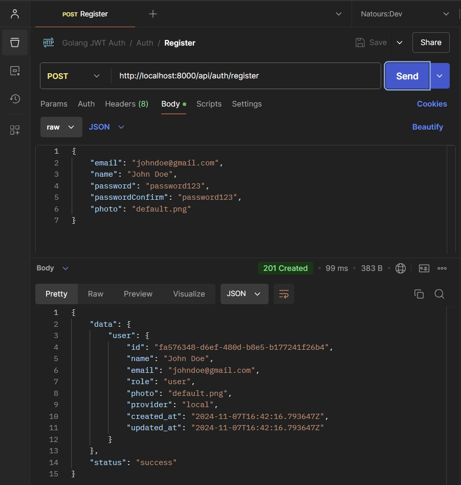 register new account golang json web token auth and authorization