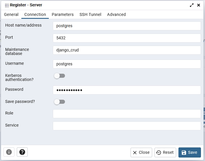 register the postgres server on pgAdmin for the Django crud project