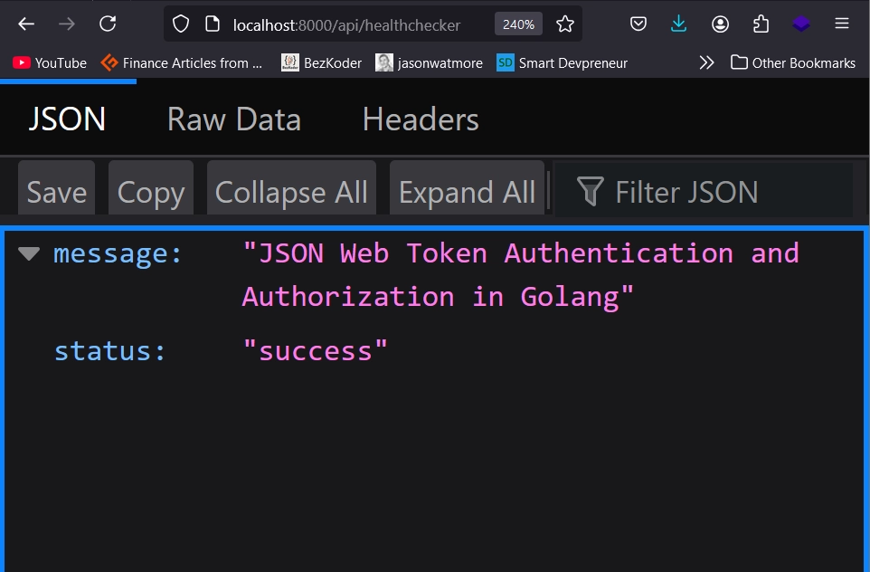 testing the health checker route fo the jwt authentication and authorization in Golang