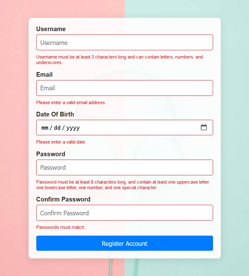 validation errors shown on the form built with React.js and no external libraries involved